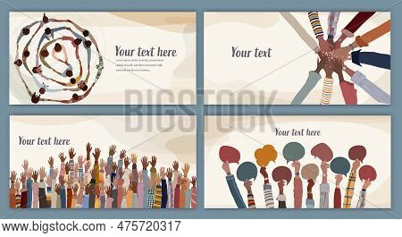 Many Black Skin African American Men Women Group With Hands Raised. Template Banner Copy Space.peopl
