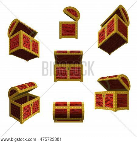 Vector Illustration Of An Ajar Empty Chests In Different Angles. Illustrations Of Ajar Empty Chests 