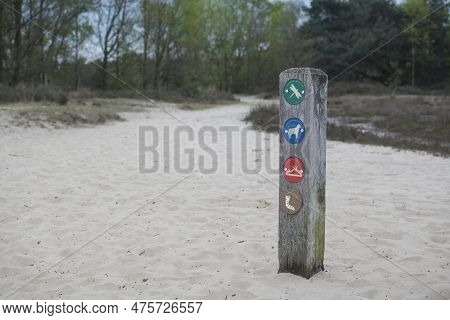 Kalmthout, Belgium, May 2023: Hiking Pole With Symbols Of Routes In Kalmthout Heath, One Of The Bigg