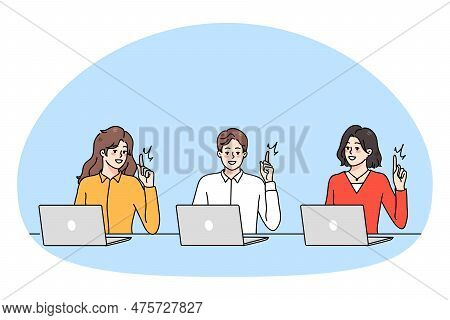 Smiling Diverse People Working On Computer Online Brainstorm Generate Creative Idea. Happy Men And W