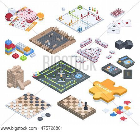 Isometric Table Gaming, 3d Recreation Board Games. Cards Poker, Mahjong, Bingo And Monopoly Games Ve
