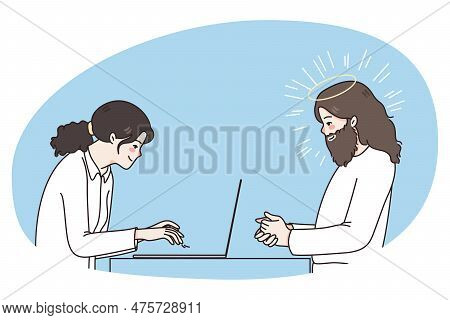 Businesswoman Work On Computer, Jesus Christ Sit In Front Waiting For Savior To Help. Father Lord Wa