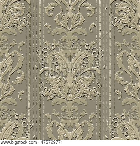 Vintage Floral Baroque Borders 3d Seamless Pattern. Vector Embossed Golden Border Background. Repeat