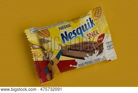 May 2, 2023 Ukraine City Kyiv Nesquik Snack On A Colored Background