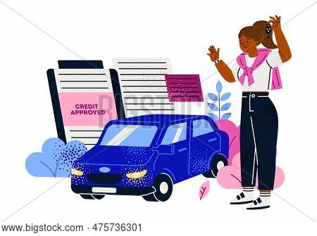 Credit Approval Concept. Happy Young Girl Gets Loan From Bank To Buy Car. Financial Or Money Managem