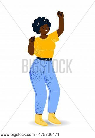 Person Showing Positive Gesture. Smiling Woman Expresses Emotion Of Happiness. Character With Clench