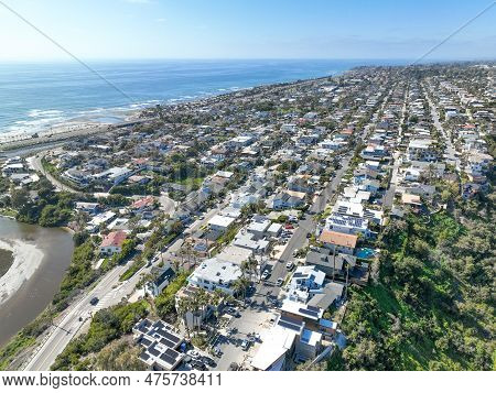 Aerial View Of Wealthy Encinitas Town In San Diego South California, Usa.