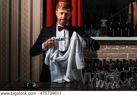 Barman Clean Glass. Restaurant Staff Cleaning. Waiter Bartender Rubbing Glass. Alcohol Serving.