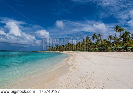 Untouched Lonely Tropical Beach In Maldives Crossroads. July 2021. View From The Water