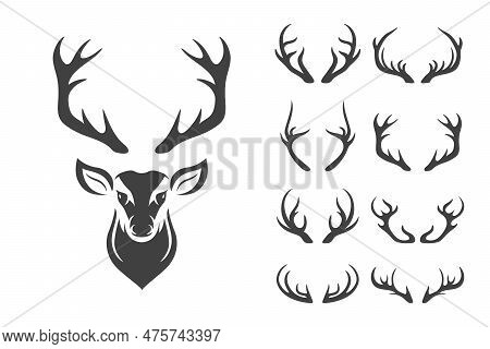 Vector Christmas Reindeer Horns, Antlers. Deer Horn Silhouettes. Hand Drawn Deers Horn, Antler Set. 