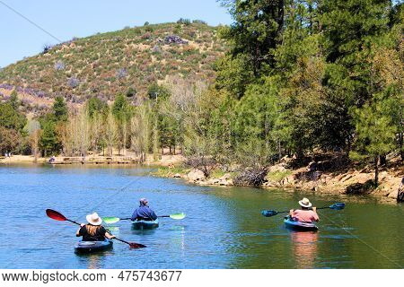 April 28, 2023 In Prescott, Az:  People Kayaking On Goldwater Lake Taken In Prescott, Az Where Peopl