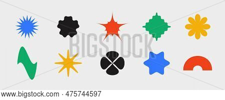Primitive Geometric Shapes Collection. Abstract Stars, Flowers, Wave, Arc Forms In Swiss Or Bauhaus 