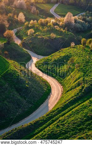 Beautiful Green Spring Landscape In The Polish Countryside. Winding Road Among Green Grass And Flowe