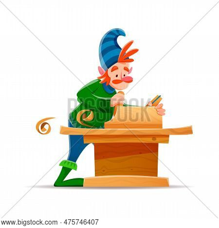 Cartoon Gnome Dwarf Carpenter Or Jointer Character, Vector Funny Elf Worker. Fairy Tale Village Dwar