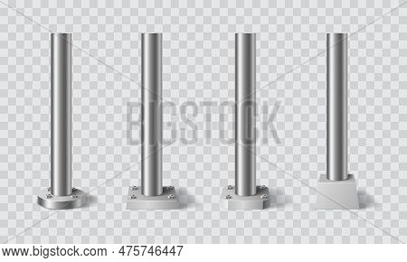 Steel Metal Pillars, Poles And Pipe Columns Or Post Stands, Vector Realistic 3d. Steel Iron Pillars 