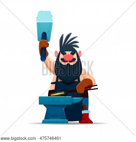 Cartoon Gnome Dwarf Blacksmith Character With Hammer At Forge, Vector Fairy Tale Man. Dwarf Or Gnome