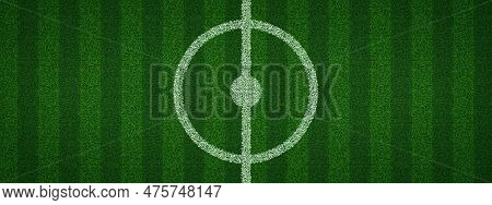 Top View Of Realistic Soccer Pitch Center. Vector Illustration Of White Lines And Circle Drawn On Gr