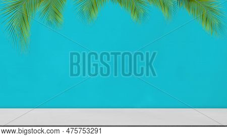 Background Blue Summer Studio Room Loft Table Product Aesthetic Cosmetic Backdrop,leaf Palm On Wall 