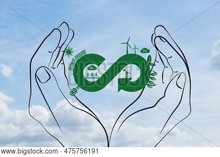 Feminine Line Art Hands Hold Circular Economy Icon. Sustainable Strategy Approach To Eliminate Waste