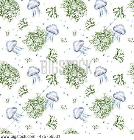 Seamless Pattern Of Green Sea Plant And Jellyfish Watercolor Illustration Isolated On White Backgrou