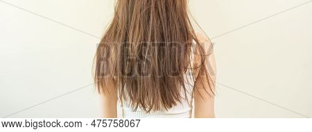 Damaged Hair, Frustrated Asian Young Woman, Girl In Splitting Ends, Messy Unbrushed Dry Hair And Fri