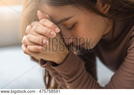 Believe Faith Charity, Calm Asian Young Woman Show Gratitude, Folded Hands In Prayer Feel Grateful, 