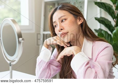Dermatology, Expression Face Worry Asian Young Woman Looking Mirror Hand Touch Facial At Dark Spot O