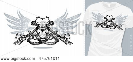 T-shirt Design, Monkey With Wings In Lotus Position And Keep Calm, Meditation, Levitates. Zen Balanc