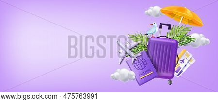 3d Plane Travel Banner, Vector Passport, Airplane Ticket, Vacation Suitcase Bag Summer Holiday. Airp