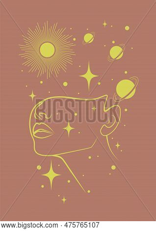 Vector Illustration Of A Beautiful Woman In Universe. Female Fantasy Concept. Colored Hand Drawn Vec