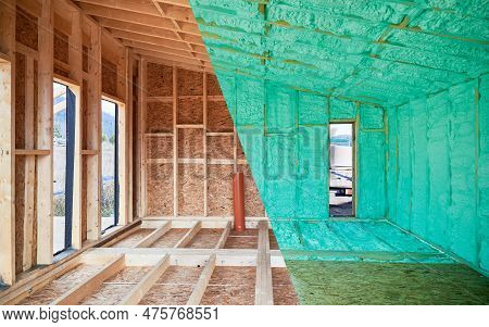 Photo Collage Before And After Thermal Insulation Room In Wooden Frame House In Scandinavian Style B