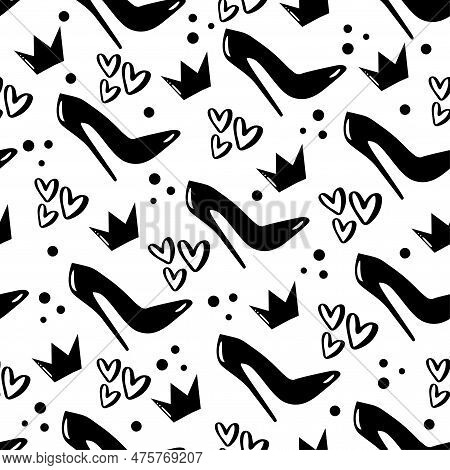 High Heel Shoes With Crown And Hearts Seamless Pattern. Good For Textile Print, Wrapping And Wall Pa