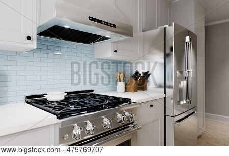 Spacious Bright Kitchen With A Blue Splashback And Metallic Blue Bar Stools. 3d Rendering. Kitchen A
