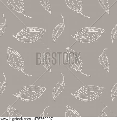 Seamless Pattern With Cocoa Fruits And Cocoa Plant On A Gray Background. A Lot Of Cacao, Repeating B