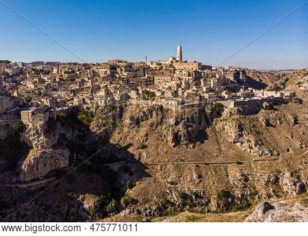 Aerial View Of Medieval City Of Matera Sassi Di Matera In Beautiful Golden Morning Light At Sunrise.