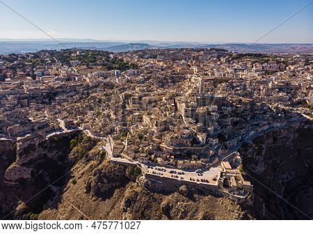 View From Above, Stunning Aerial View Of The Matera S Skyline During A Beautiful Sunrise. Matera Is