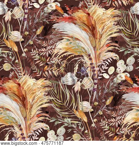 Seamless Pattern With Herbs And Pampas Grass And Dried Flowers Painted For Textile