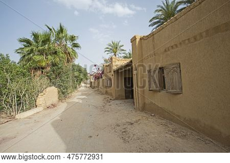 Old Rustic Wooden Door In Wall Of Traditional Mud Brick Egyptian House On Dirt Street Road With Palm