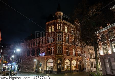 Aachen, Germany - November 10, 2022: Selective Blur On Typical Old Medieval Facades On Fischmarkt Sq
