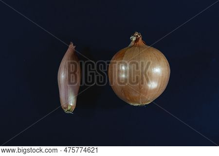 Studio Shot Of Bulbs, A Brown Onion And A Shallot Together, Isolated On A Black Background. Shallot,