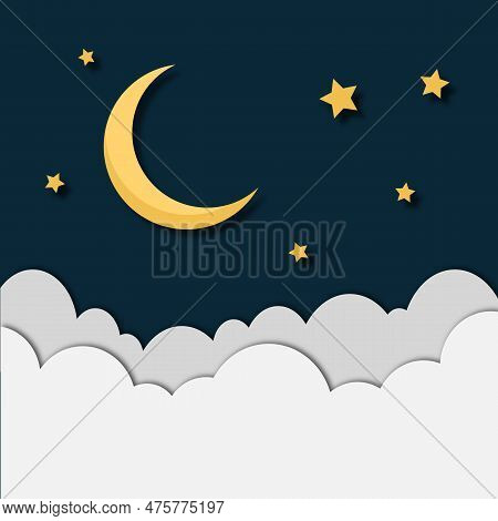 Paper Moonstars And Clouds. Paper Cut Of Night Clouds And Crescent Moon With Stars. Sweet Dream Conc