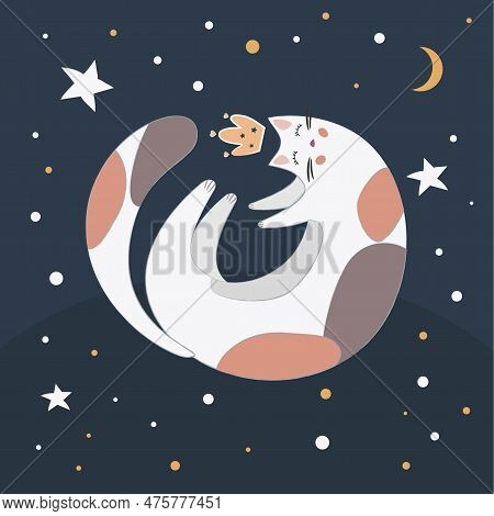 Image Of A Cat In Space In Doodle Style Illustration With Moon And Stars