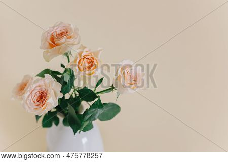 Tender Rose Flowers In A Vase On A Pink Pech Pastel Background. Place For Text.