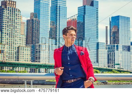 Businessman Traveling, Working In New York. Dressing In Red Blazer, Blue Collarless Shirt, A Young C
