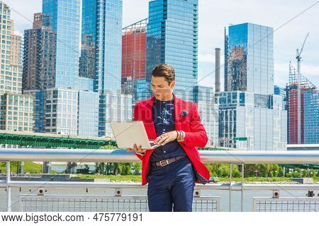 Businessman Traveling, Working In New York. Dressing In Red Blazer, Blue Collarless Shirt, A Guy Sta
