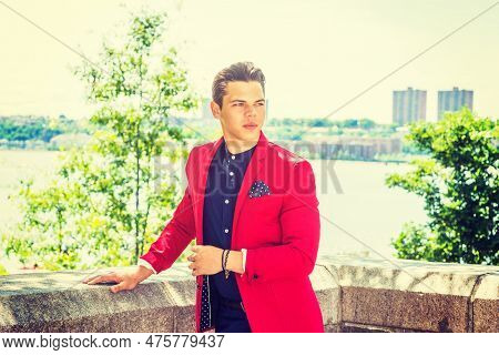 Businessman Traveling In New York. Dressing In Red Blazer, Blue Collarless Shirt, A Young College St
