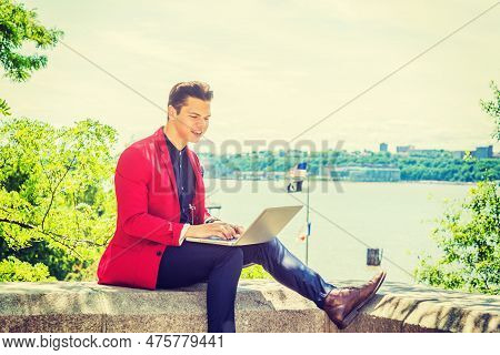Businessman Traveling, Working In New York. Dressing In Red Blazer, Blue Collarless Shirt, Pants, Le