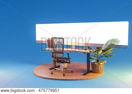 Isolated Computer Workspace On Wooden Podium With Giant Widescreen Monitor; Freelance And Home Offic