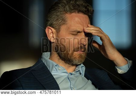 Man With Sinus Headache, Tension Or Cluster Headache, Close Up Portrait. Head Pain Concept. Cephalal