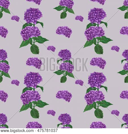 Handdrawn Watercolor Purple Hortense With Green Leaves Seamless Pattern. Scrapbook Design, Typograph